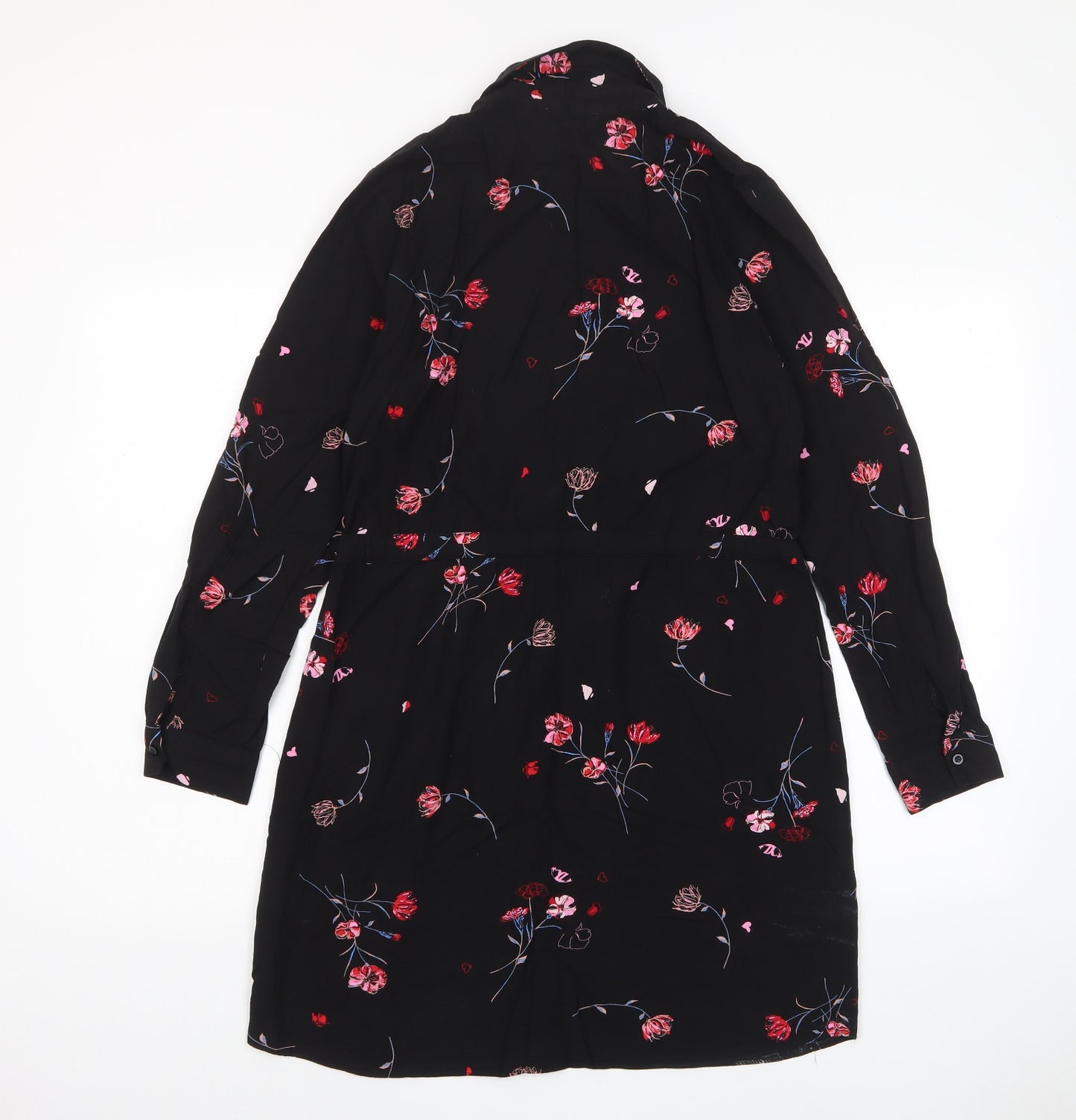 Warehouse Womens Black Floral Viscose A-Line Size 10 Collared Button - Belted