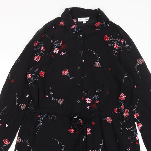 Warehouse Womens Black Floral Viscose A-Line Size 10 Collared Button - Belted
