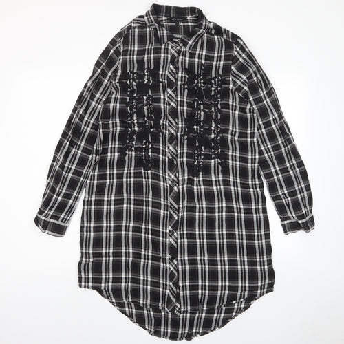 New Look Womens Grey Plaid Viscose Shift Size 10 Collared Button - Embroidered