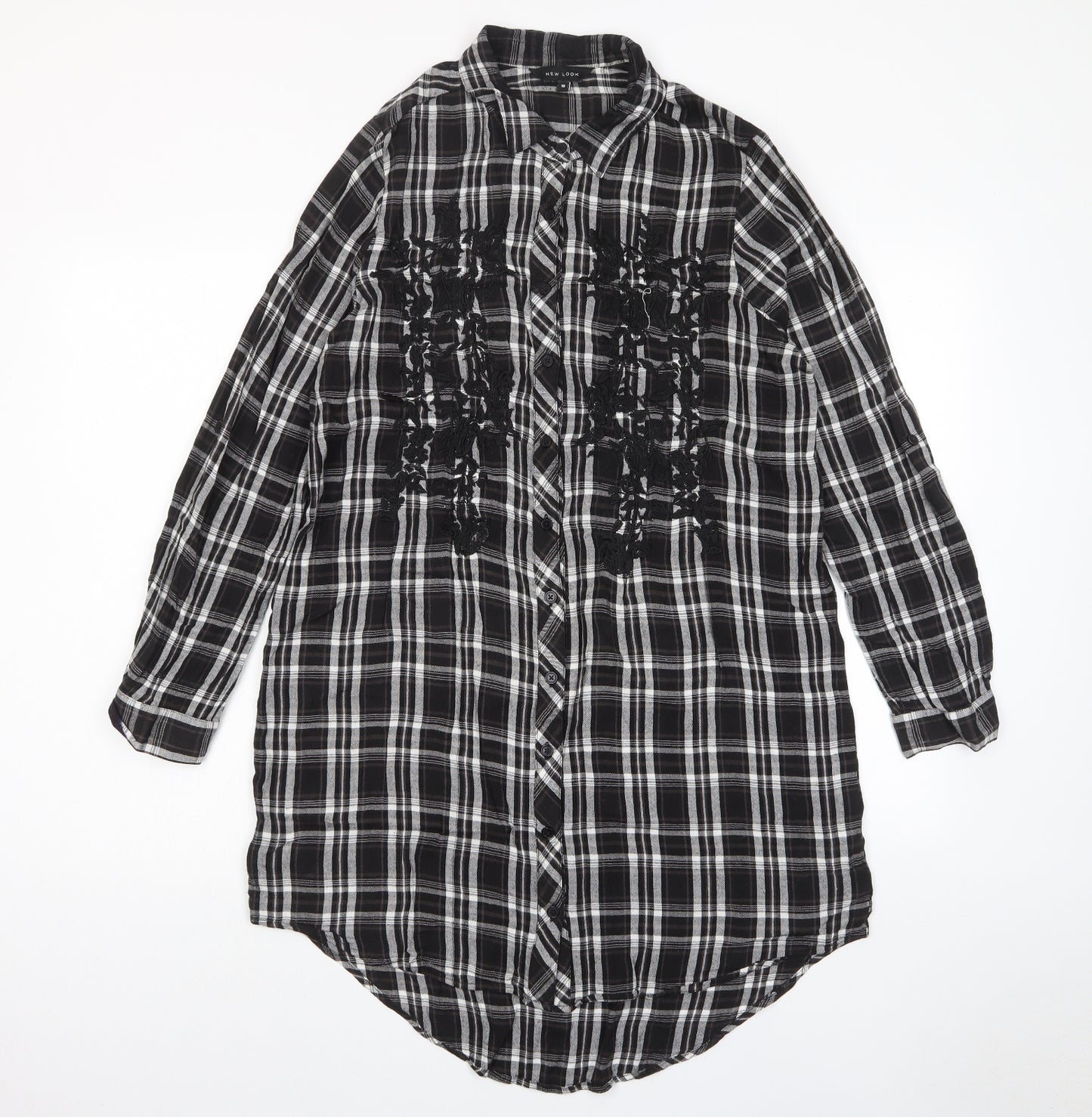 New Look Womens Grey Plaid Viscose Shift Size 10 Collared Button - Embroidered