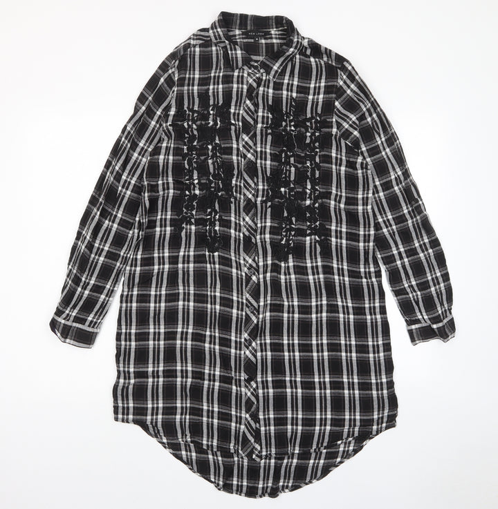 New Look Womens Grey Plaid Viscose Shift Size 10 Collared Button - Embroidered