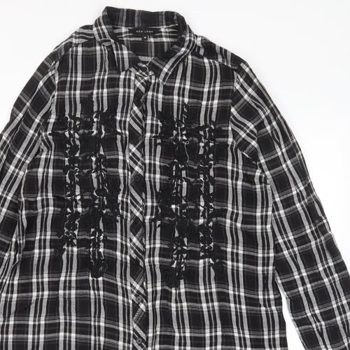 New Look Womens Grey Plaid Viscose Shift Size 10 Collared Button - Embroidered