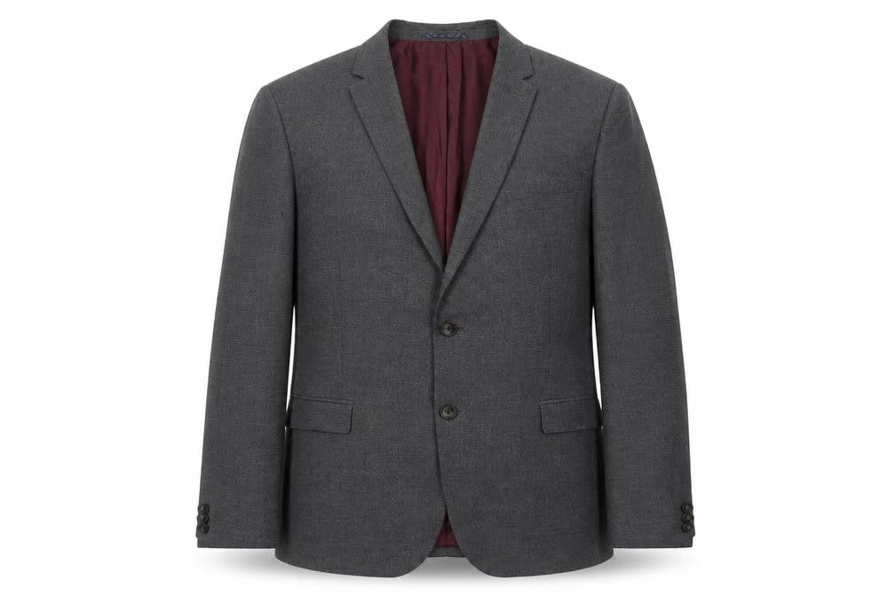 Front view of Marks & Spencer men’s grey plaid polyester jacket suit jacket, size 44, regular - inside pockets