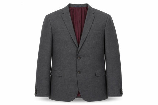 Front view of Marks & Spencer men’s grey plaid polyester jacket suit jacket, size 44, regular - inside pockets