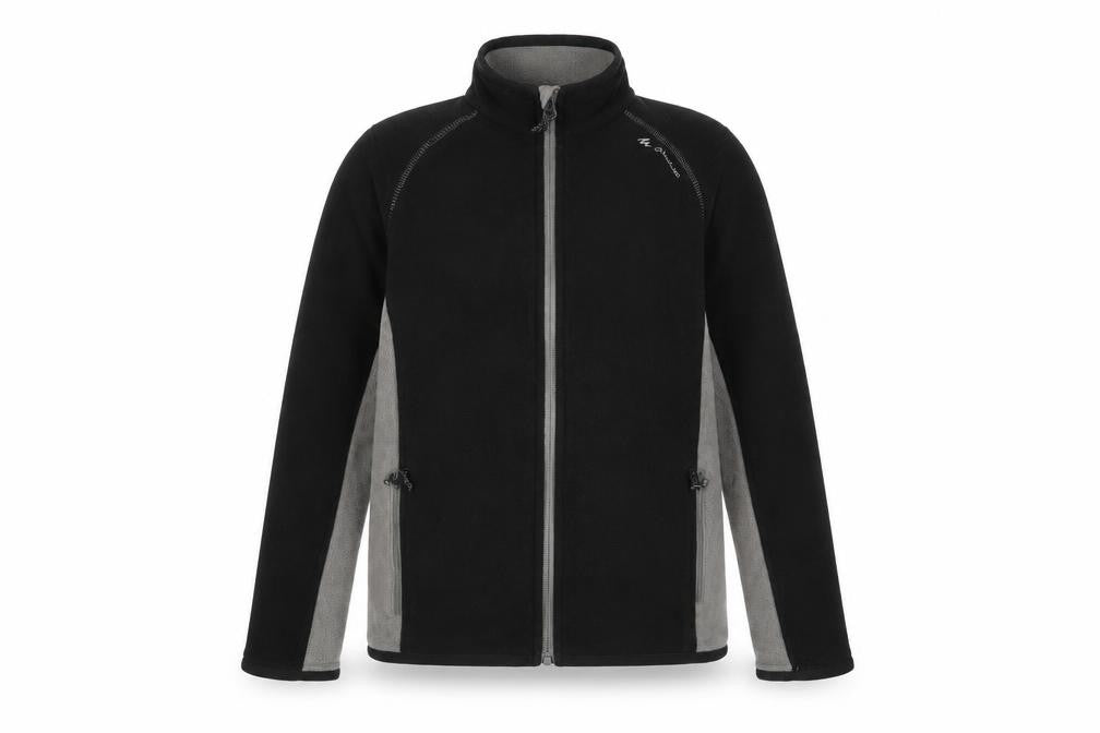 Front view of Decathlon boys’ black jacket, size 10, years zip - zip pockets