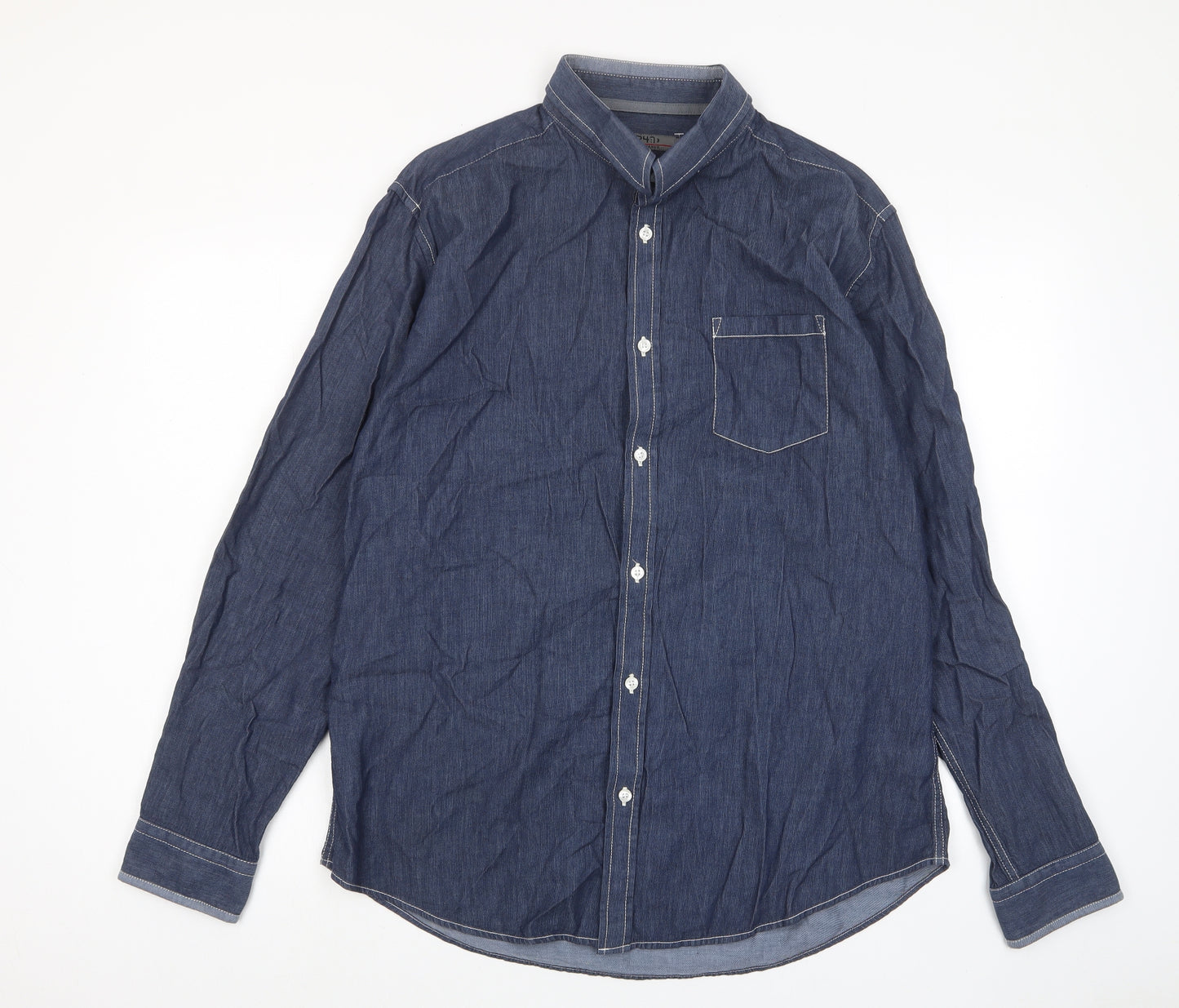 Jeff Banks Mens Blue Cotton Button-Up Size L Collared Button - Pocket