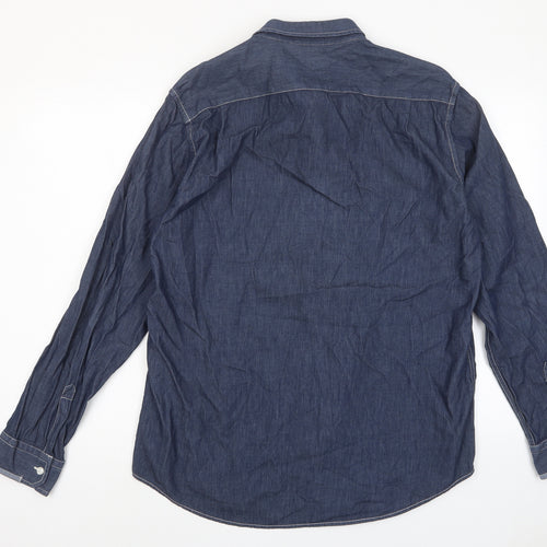 Jeff Banks Mens Blue Cotton Button-Up Size L Collared Button - Pocket
