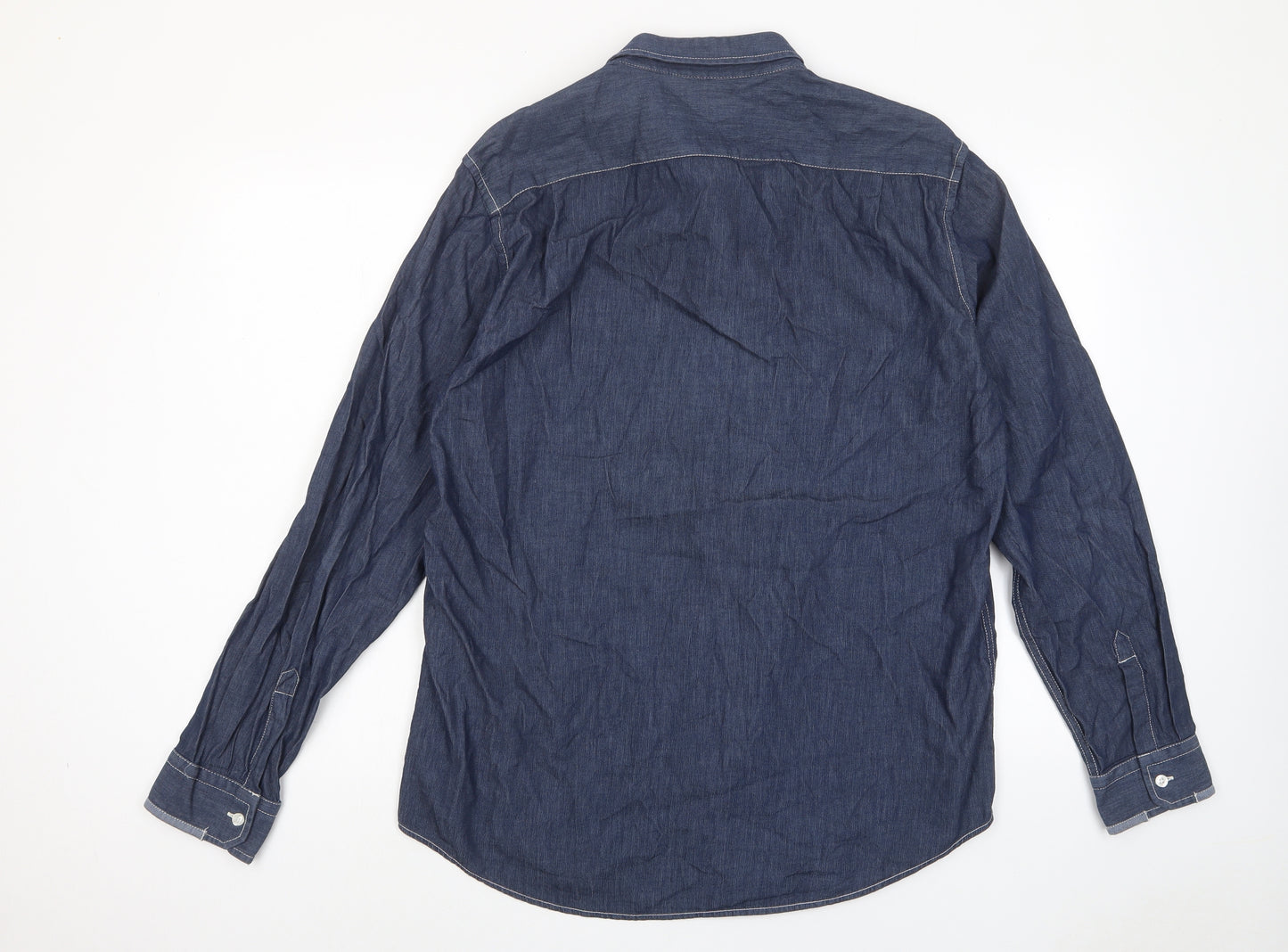 Jeff Banks Mens Blue Cotton Button-Up Size L Collared Button - Pocket