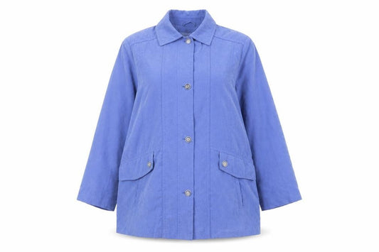 Front view of EWM women’s blue jacket, size UK 16, button - pockets