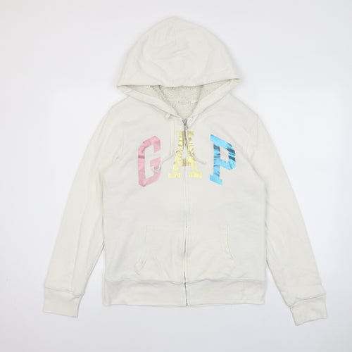 Gap Womens White Cotton Full Zip Hoodie Size M Zip - Logo, Pockets