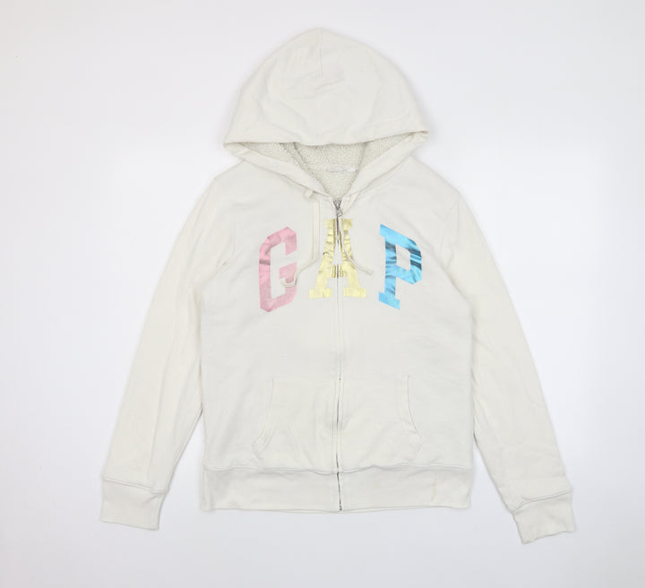 Gap Womens White Cotton Full Zip Hoodie Size M Zip - Logo, Pockets