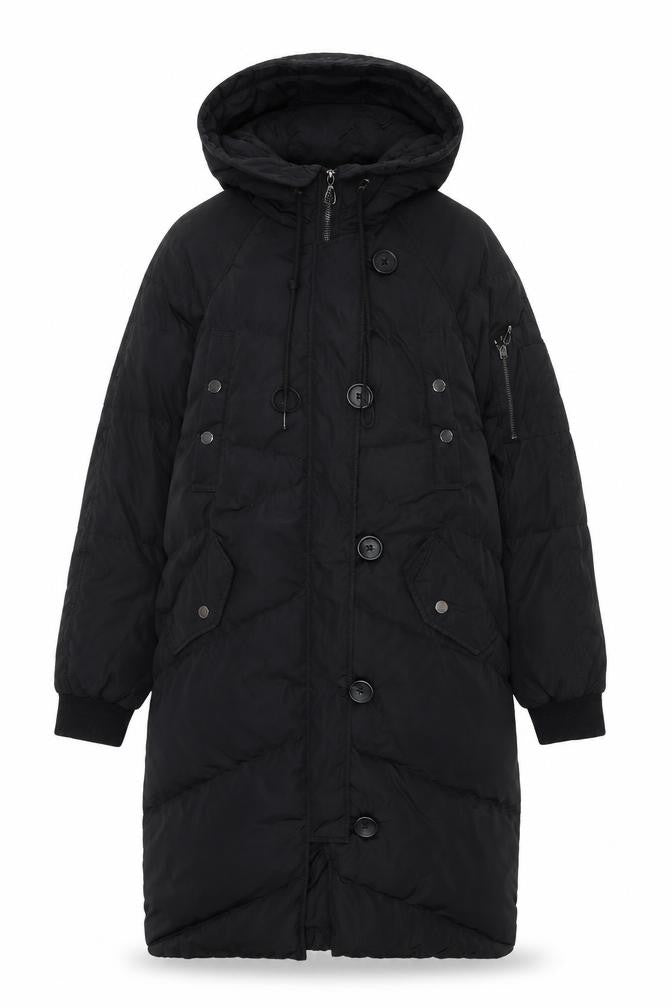 Front view of La Babité women’s black quilted coat, size S, zip