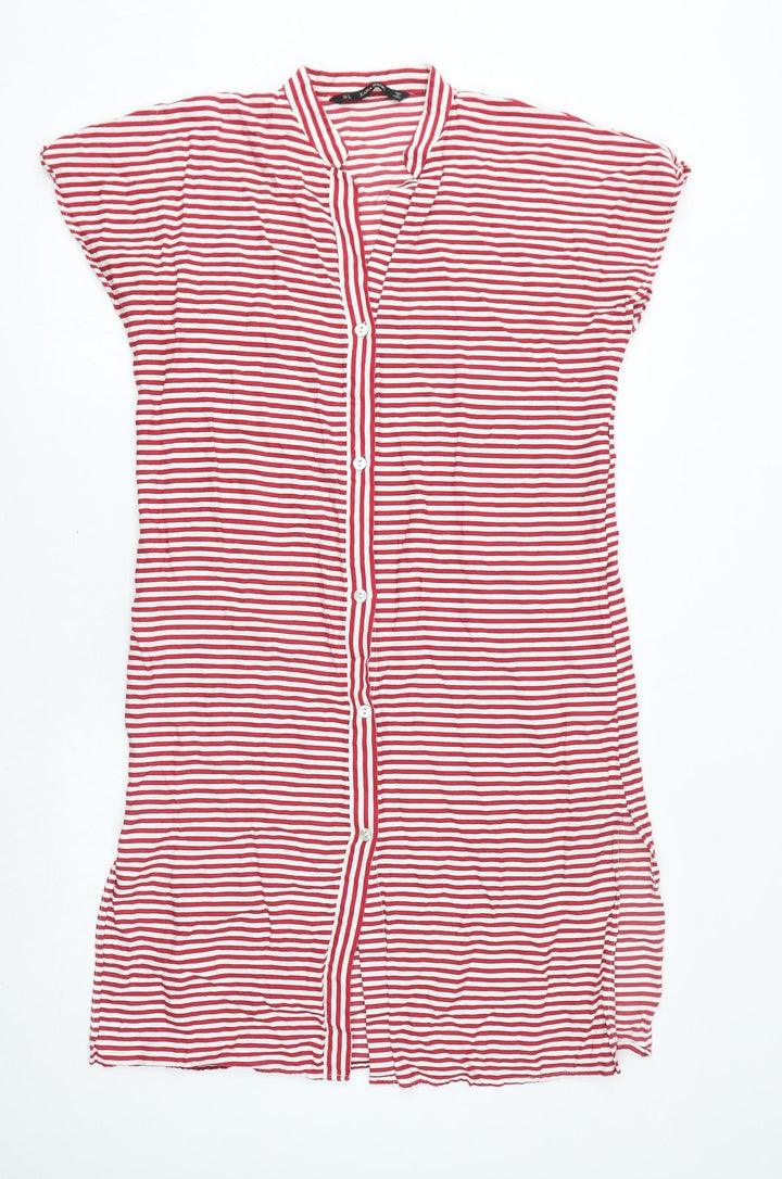 Zara Womens Red Striped Viscose T-Shirt Dress Size S V-Neck Button