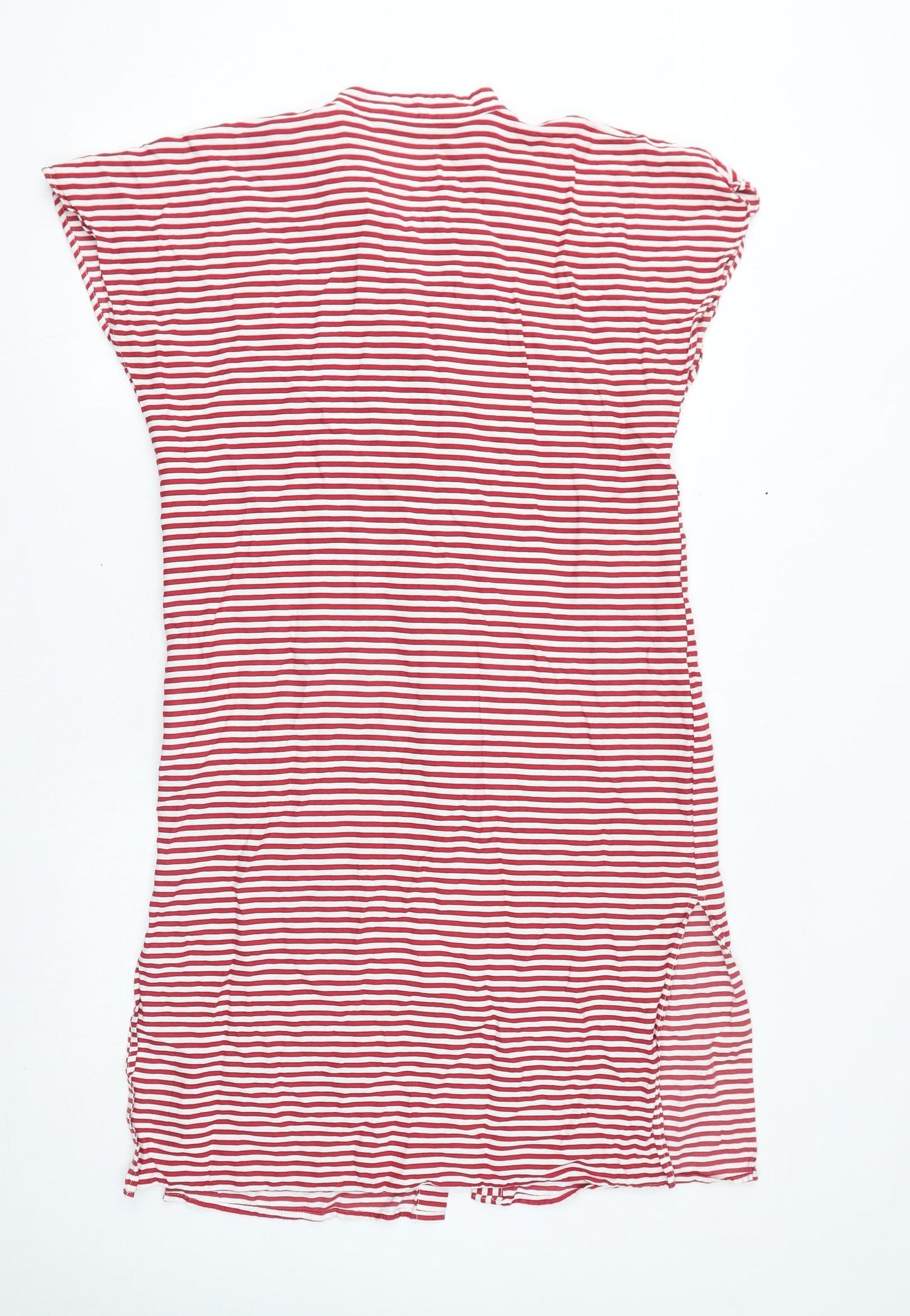 Zara Womens Red Striped Viscose T-Shirt Dress Size S V-Neck Button