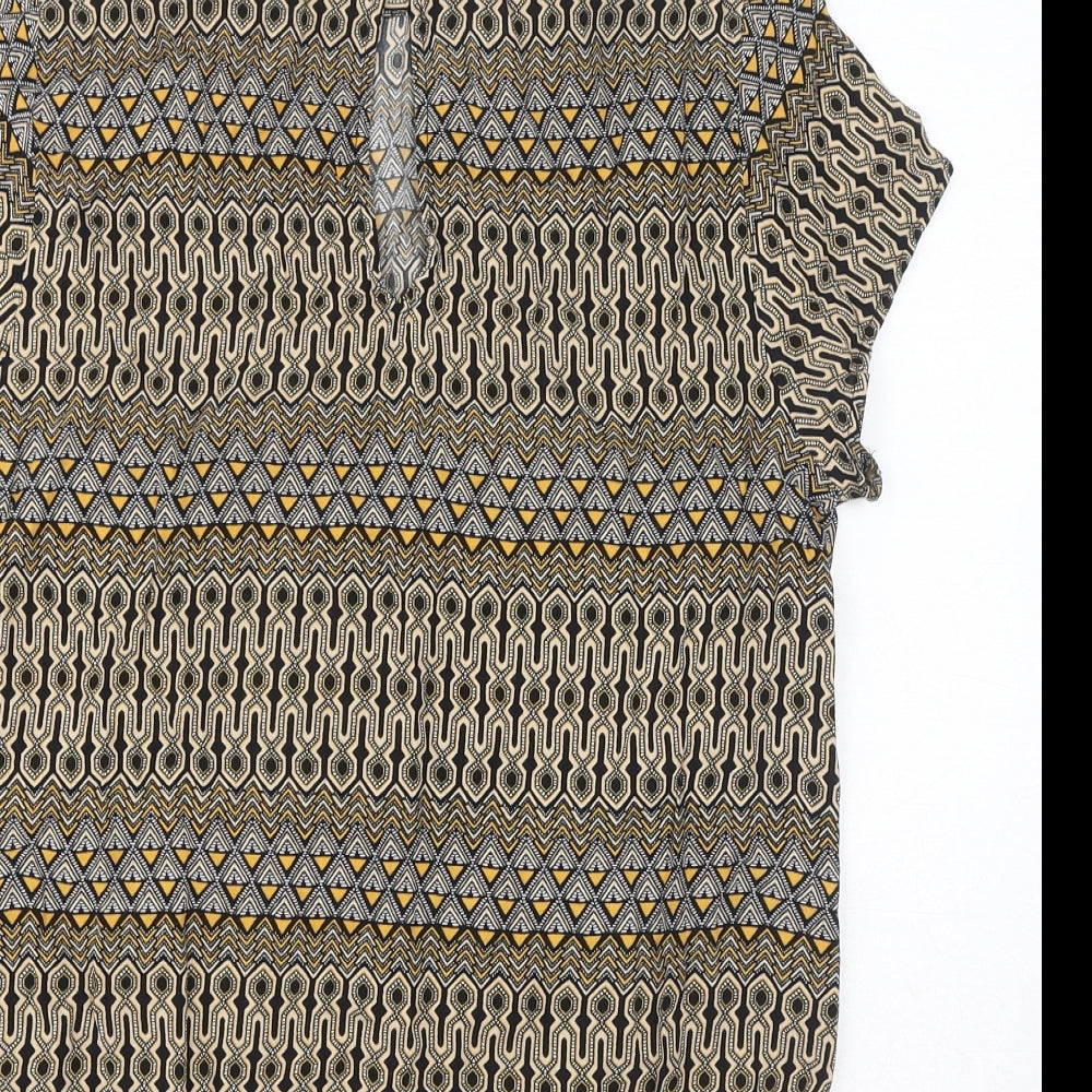 H&M Womens Brown Geometric Viscose Basic T-Shirt Size 8 Round Neck