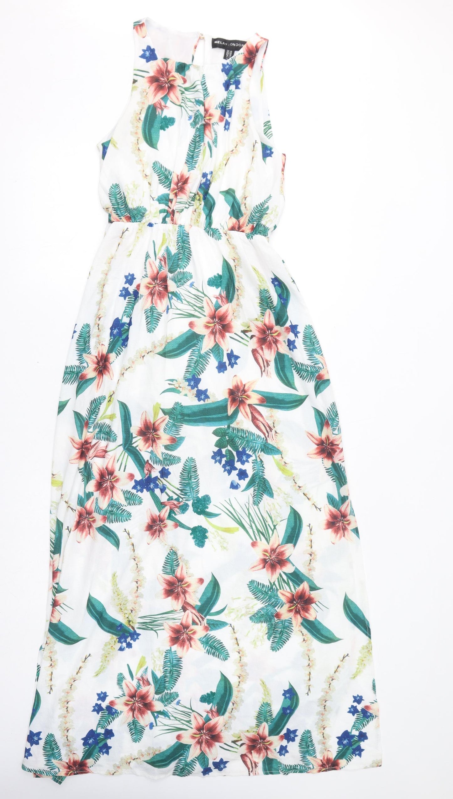 Mela London Womens White Floral Polyester Maxi Size 10 Round Neck Button