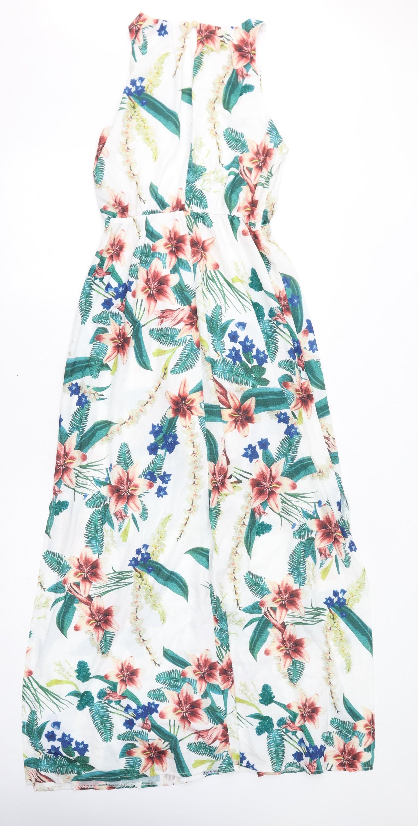 Mela London Womens White Floral Polyester Maxi Size 10 Round Neck Button