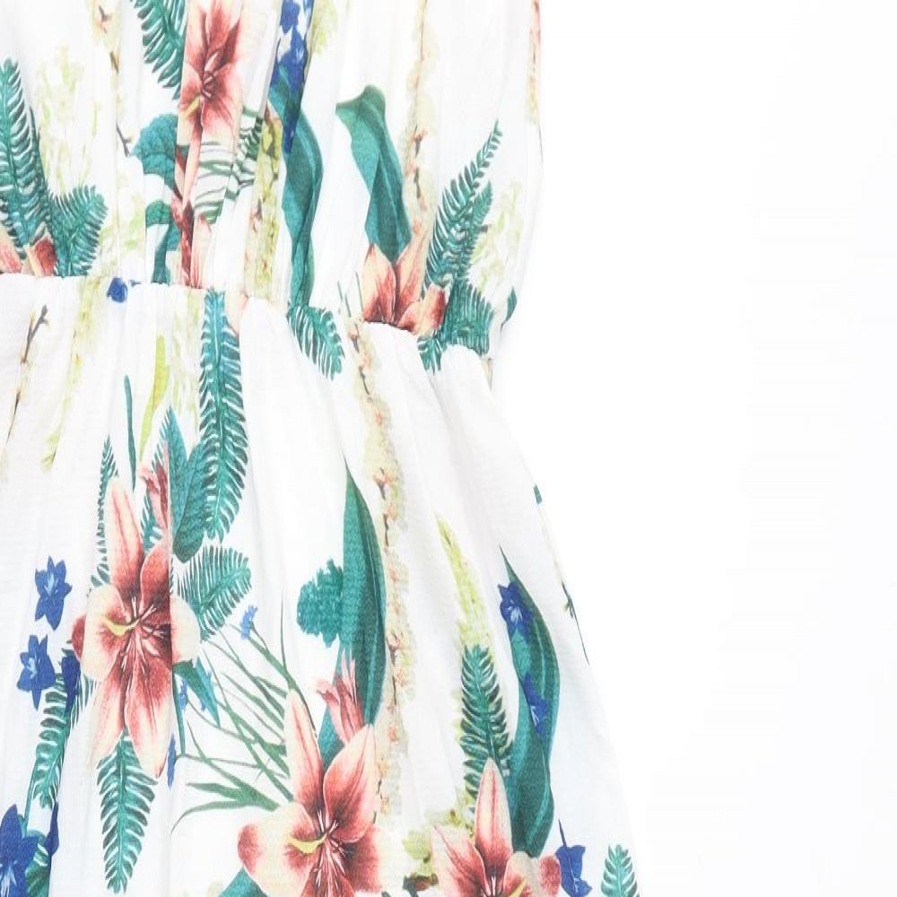 Mela London Womens White Floral Polyester Maxi Size 10 Round Neck Button