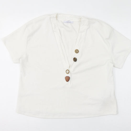 Zara Womens White Polyester Basic T-Shirt Size M V-Neck