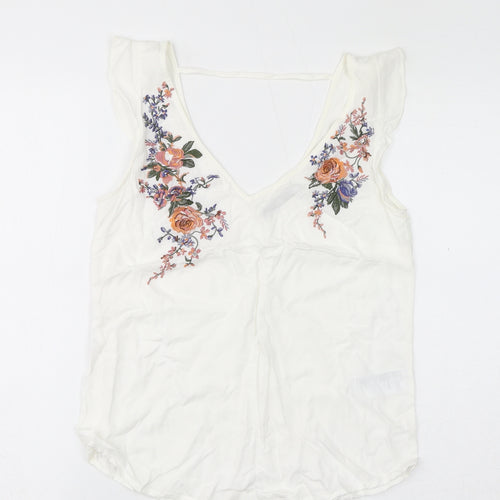 Oasis Womens White Viscose Basic T-Shirt Size 8 V-Neck - Floral Embroidery