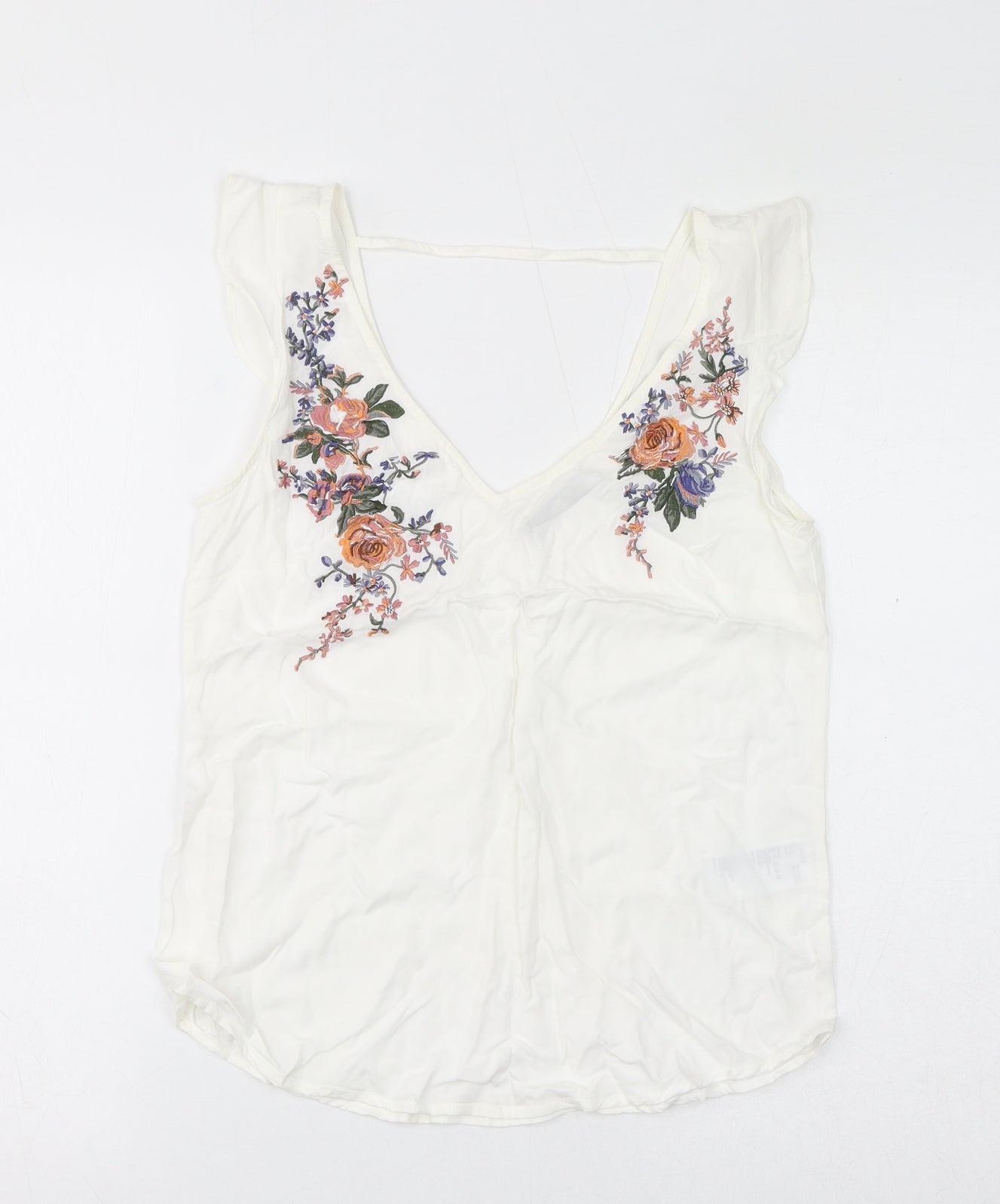Oasis Womens White Viscose Basic T-Shirt Size 8 V-Neck - Floral Embroidery