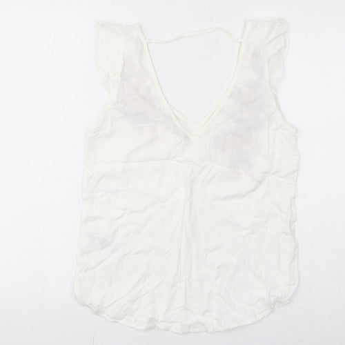 Oasis Womens White Viscose Basic T-Shirt Size 8 V-Neck - Floral Embroidery