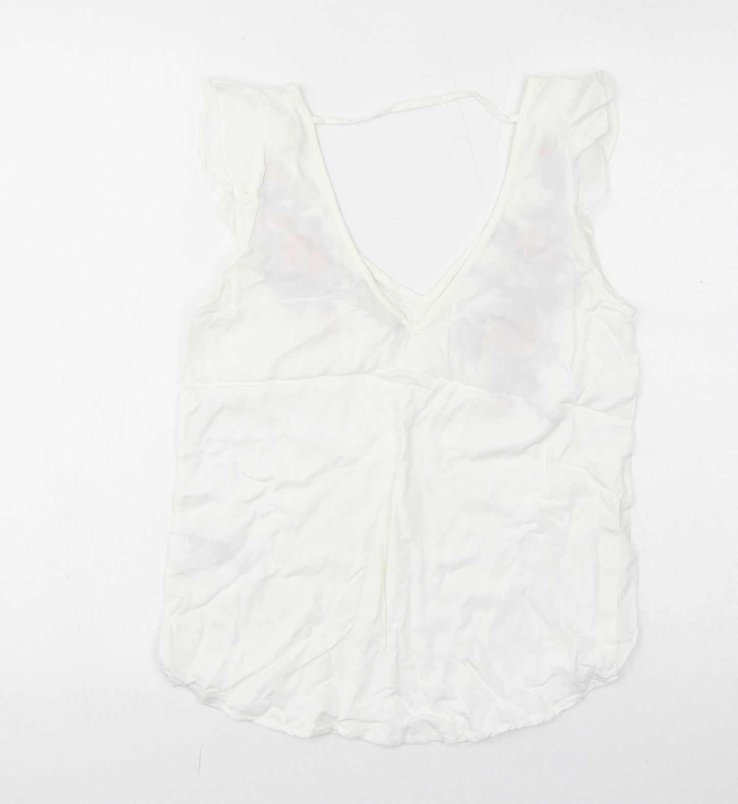 Oasis Womens White Viscose Basic T-Shirt Size 8 V-Neck - Floral Embroidery