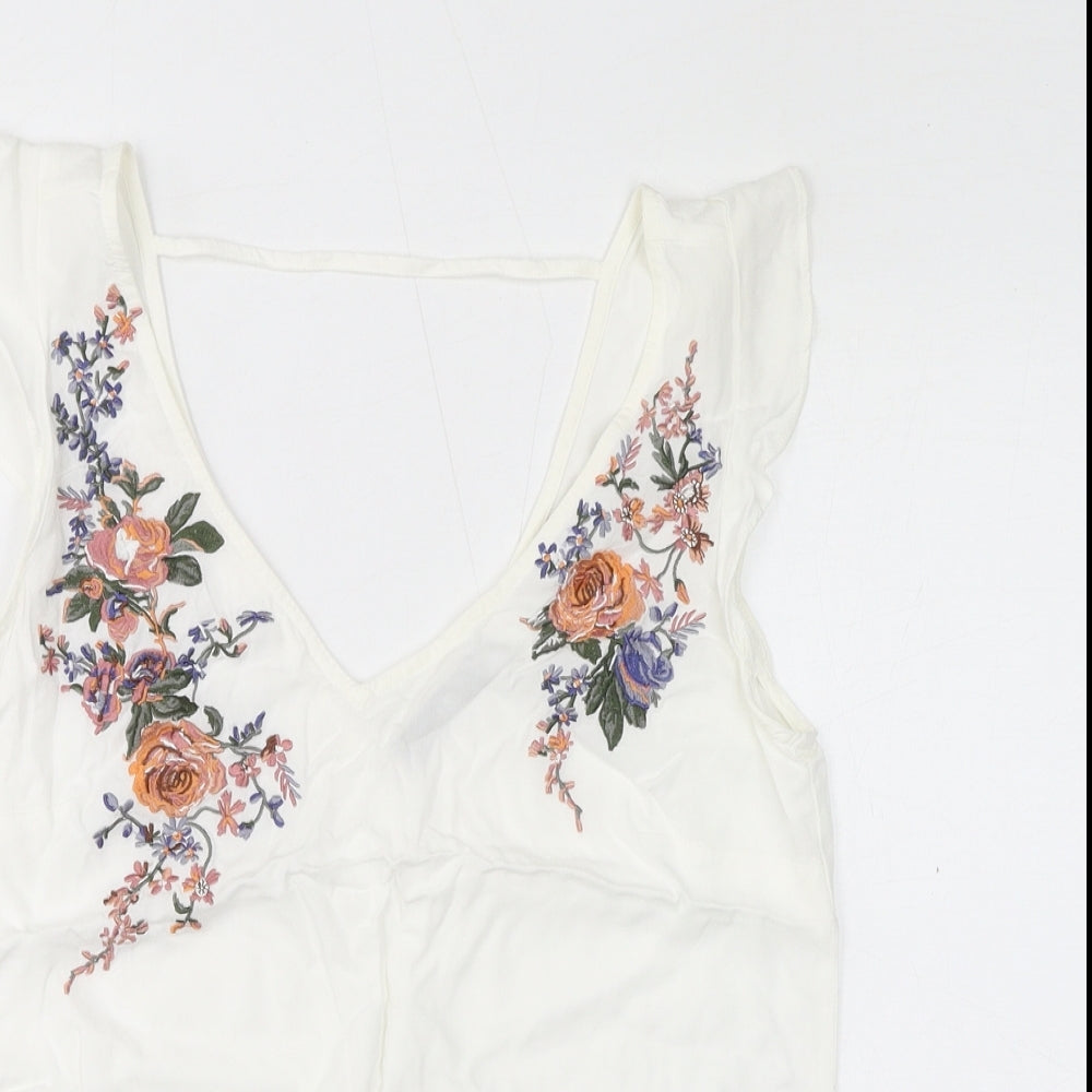 Oasis Womens White Viscose Basic T-Shirt Size 8 V-Neck - Floral Embroidery