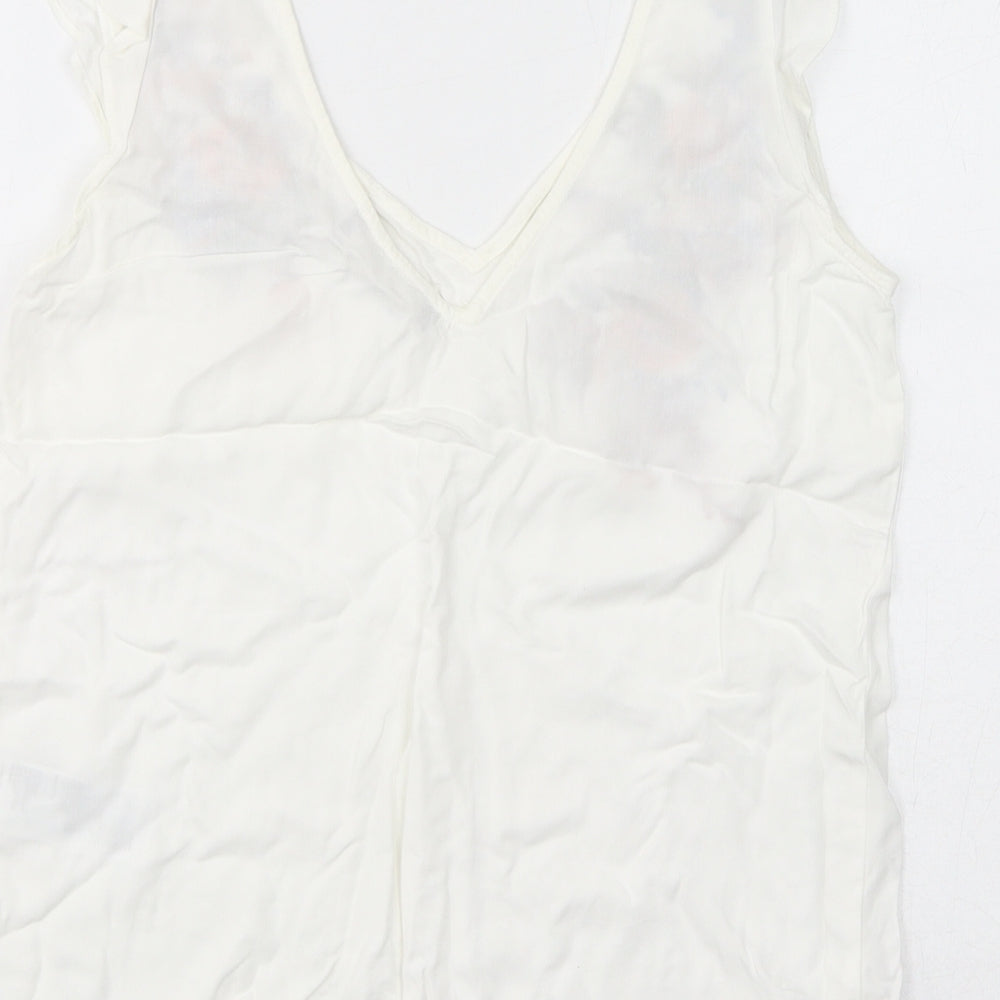 Oasis Womens White Viscose Basic T-Shirt Size 8 V-Neck - Floral Embroidery