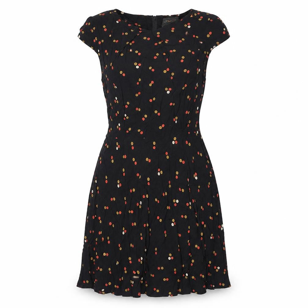 Front view of Apricot women’s black polka dot viscose mini, size M, round neck zip