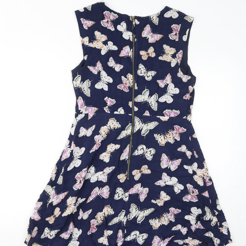 Oasis Womens Blue Geometric Viscose Tank Dress Size 12 Round Neck Zip - Butterflies