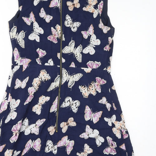 Oasis Womens Blue Geometric Viscose Tank Dress Size 12 Round Neck Zip - Butterflies
