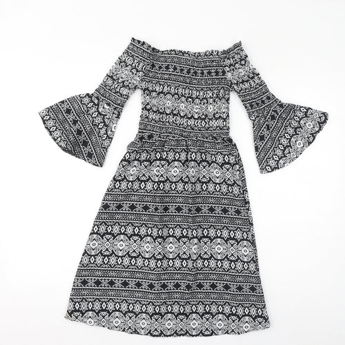 Cameo Rose Womens Black Geometric Polyester Fit & Flare Size 8 Off the Shoulder Pullover