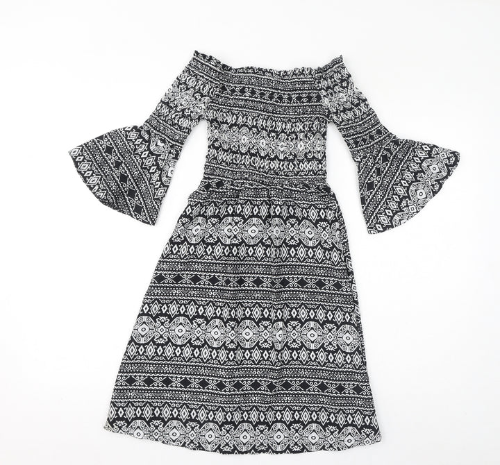 Cameo Rose Womens Black Geometric Polyester Fit & Flare Size 8 Off the Shoulder Pullover