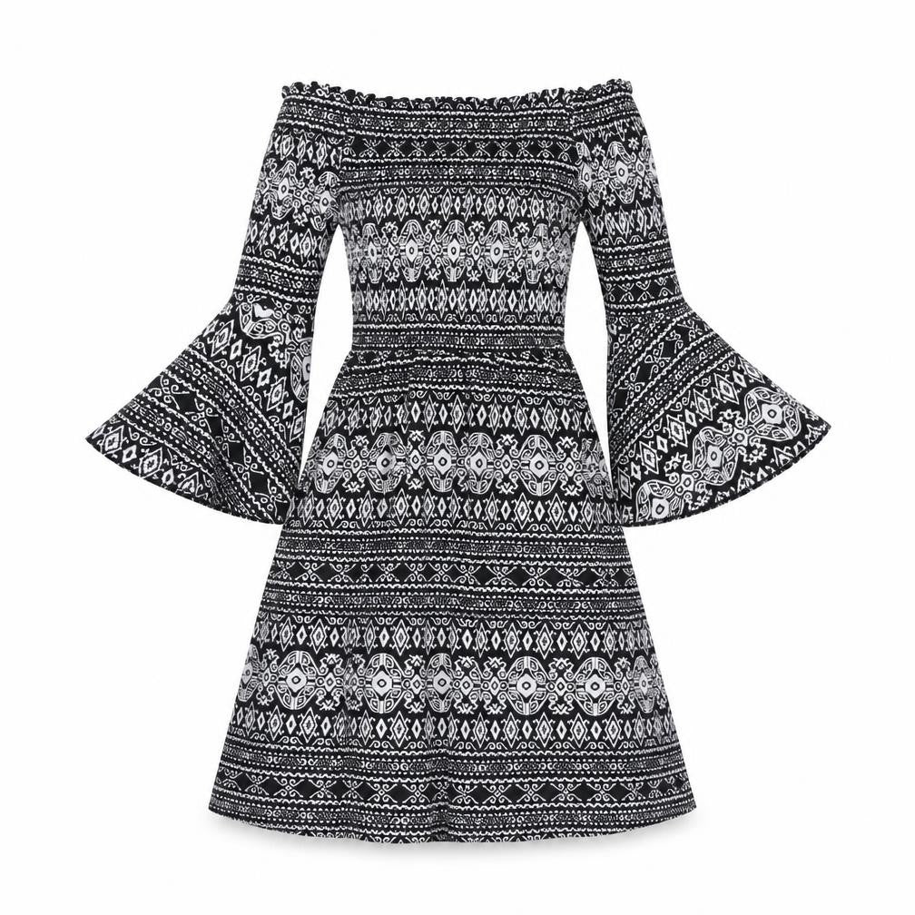 Front view of Cameo Rose women’s black geometric polyester fit & flare, size UK 8, off the shoulder pullover