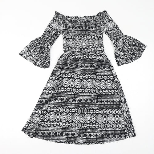 Cameo Rose Womens Black Geometric Polyester Fit & Flare Size 8 Off the Shoulder Pullover