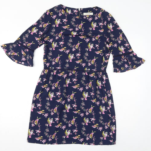 Oasis Womens Blue Floral Polyester A-Line Size 10 Boat Neck Zip - Birds