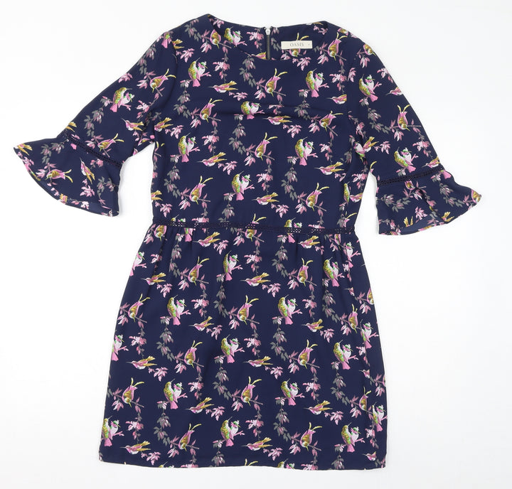 Oasis Womens Blue Floral Polyester A-Line Size 10 Boat Neck Zip - Birds