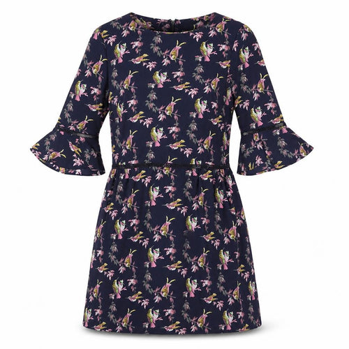 Oasis Womens Blue Floral Polyester A-Line Size 10 Boat Neck Zip - Birds