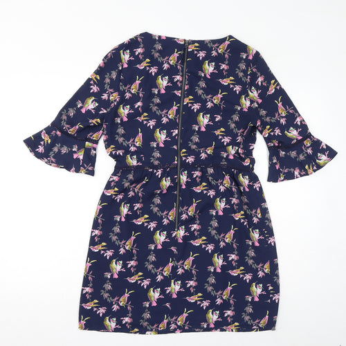 Oasis Womens Blue Floral Polyester A-Line Size 10 Boat Neck Zip - Birds