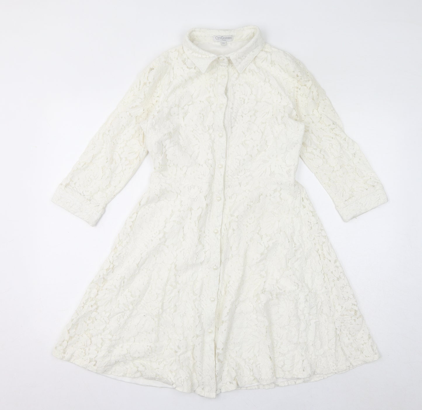 City Godsess Womens White Cotton A-Line Size 10 Collared Button