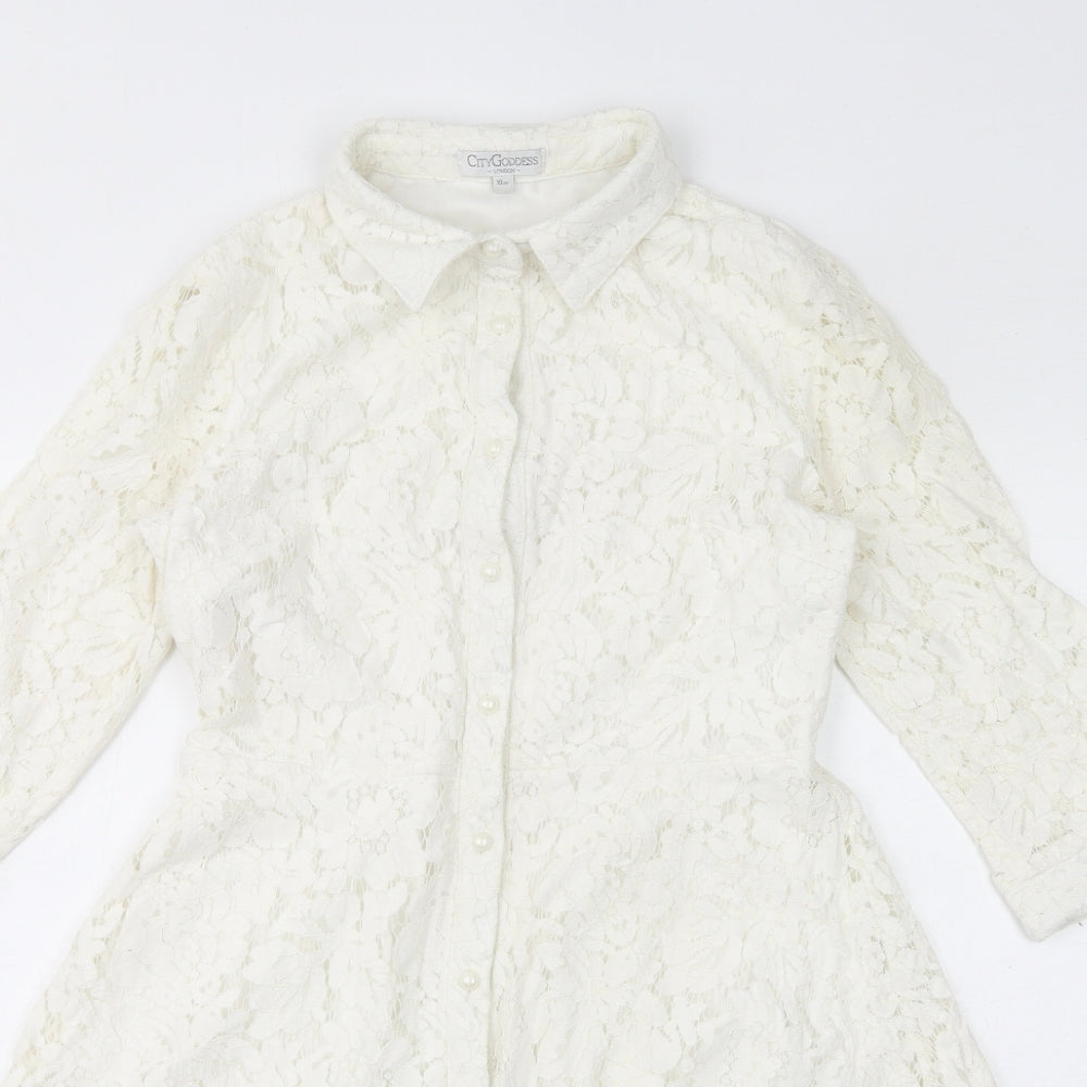 City Godsess Womens White Cotton A-Line Size 10 Collared Button