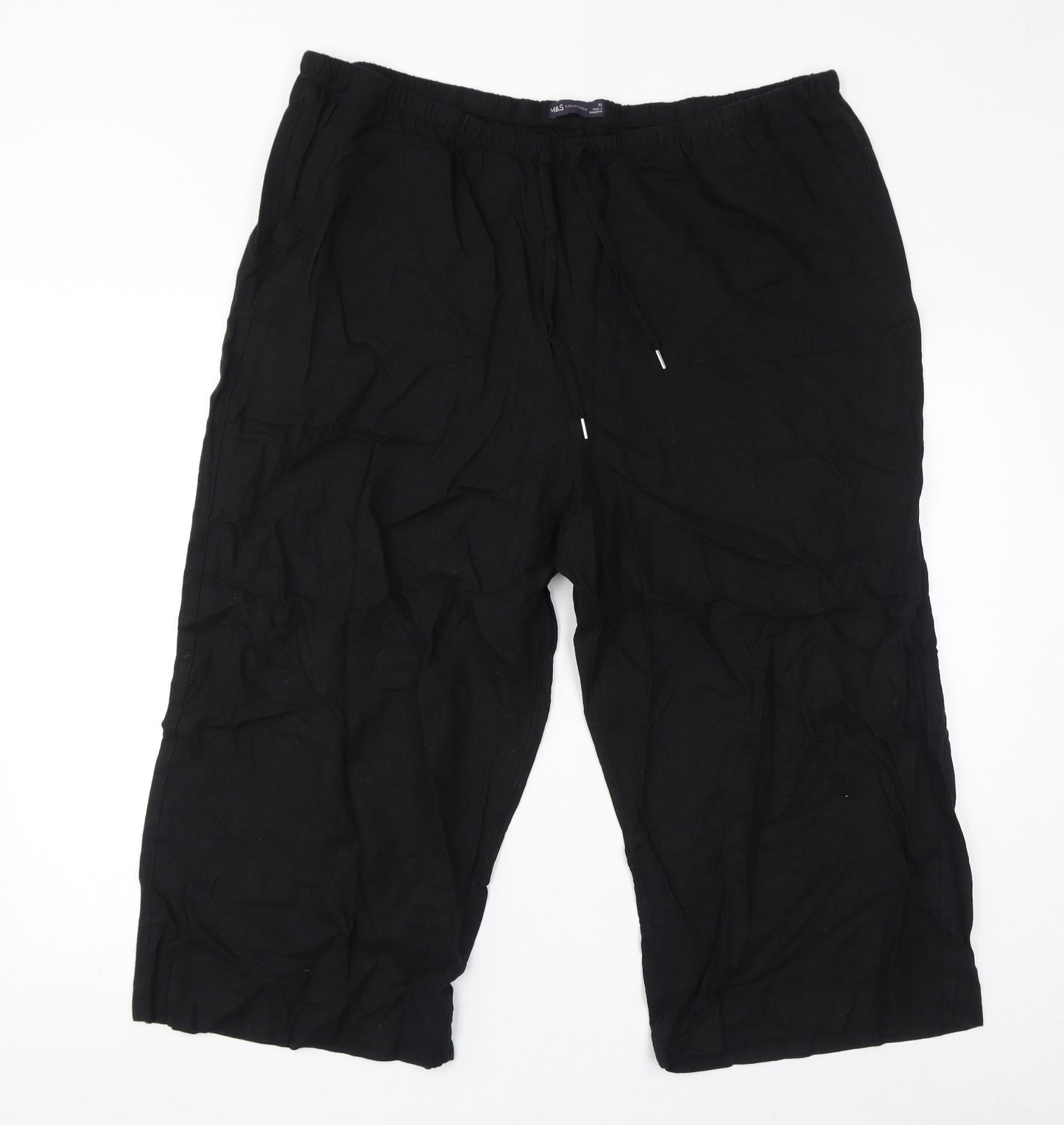 Marks and Spencer Womens Black Linen Cropped Trousers Size 22 L22 in Regular Drawstring