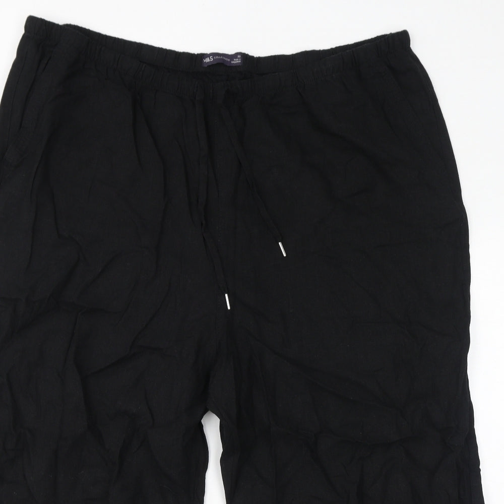 Marks and Spencer Womens Black Linen Cropped Trousers Size 22 L22 in Regular Drawstring