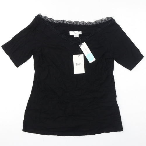 &et Womens Black Viscose Basic T-Shirt Size 14 V-Neck - Lace