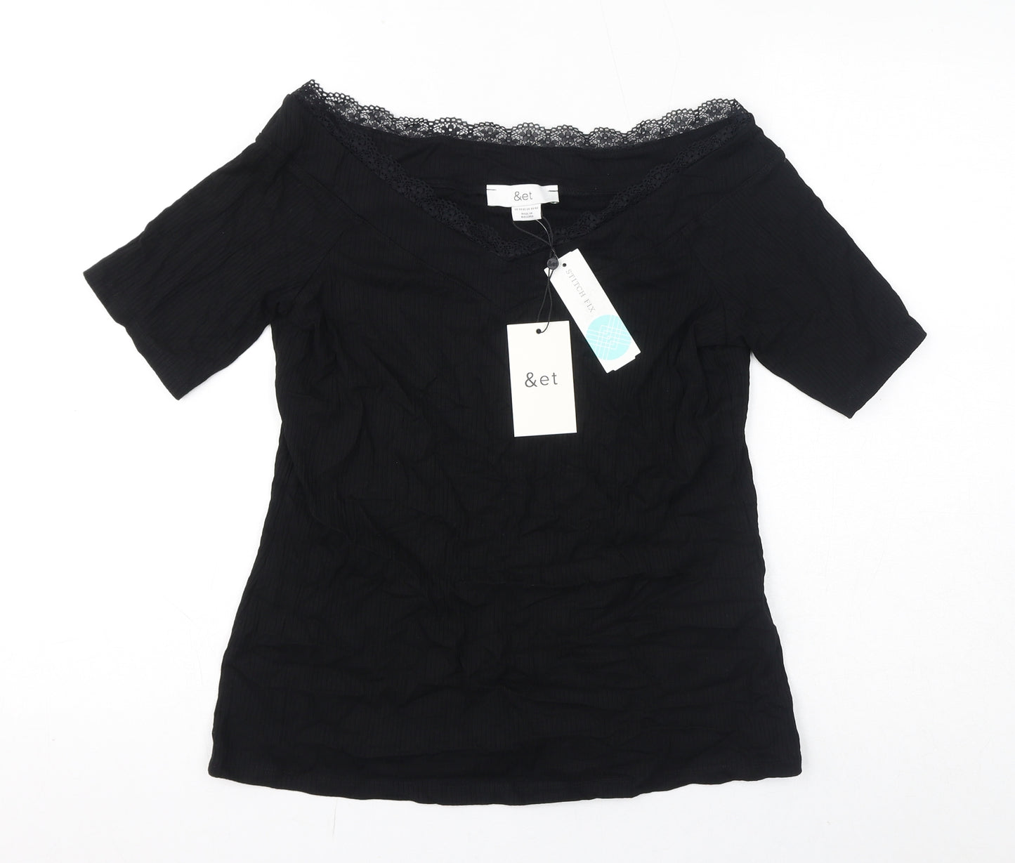 &et Womens Black Viscose Basic T-Shirt Size 14 V-Neck - Lace