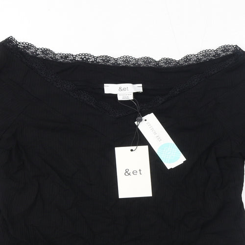 &et Womens Black Viscose Basic T-Shirt Size 14 V-Neck - Lace