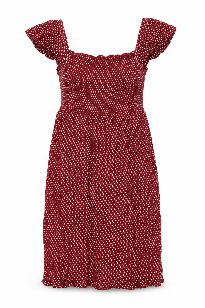 Front view of Next women’s red polka dot viscose mini, size UK 12, off the shoulder pullover