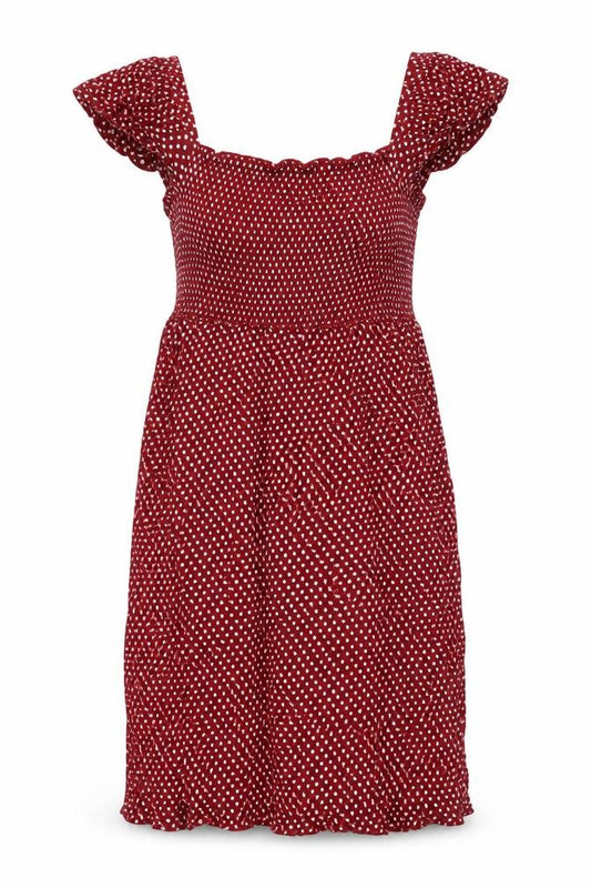 Front view of Next women’s red polka dot viscose mini, size UK 12, off the shoulder pullover