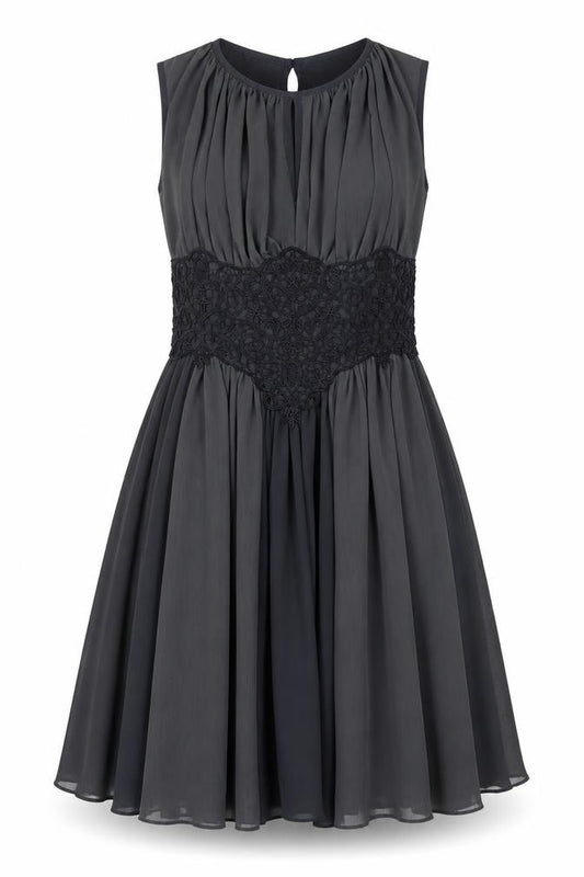 Front view of River Island women’s grey polyester fit & flare, size UK 10, round neck button - lace detail